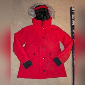 Swiss Tech Red Puffer Coat with Faux Fur Hood